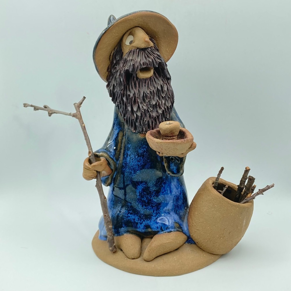 Studio Pottery Wizard Figurine / Blue Glaze / Folk Art Fantasy 7" Boho